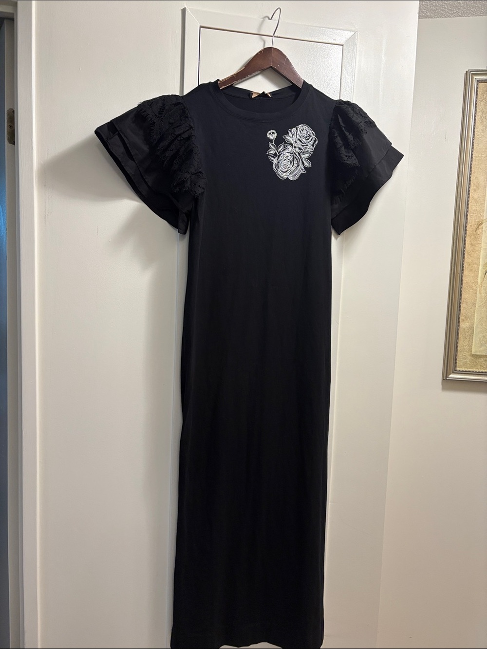 Twinset Black Floral Appliqué Maxi Dress with Puff Sleeves
